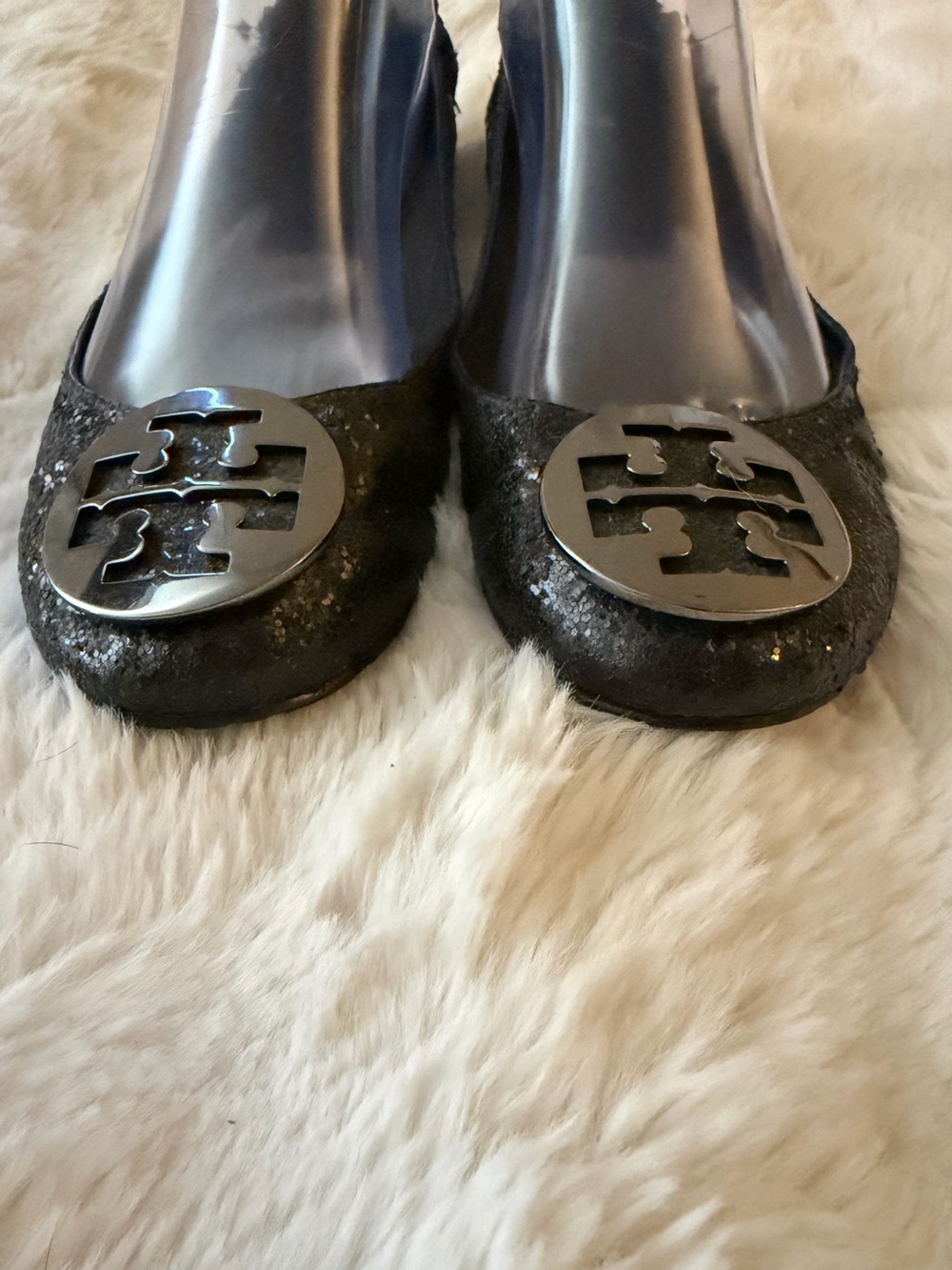 Tory Burch size 9 Black Sequin ballet flats silver TB Logo - Picture 6 of 9